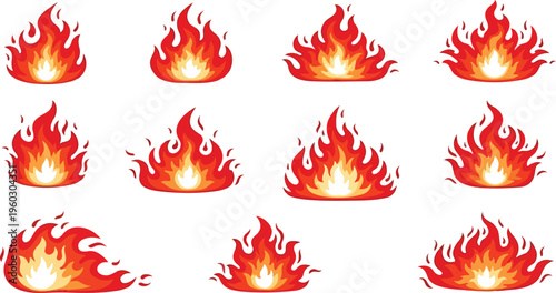 Set of stylized flame icons in various shapes and sizes, perfect for digital design and illustration
