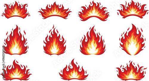 Collection of stylized fire flames in various shapes and sizes, perfect for graphic design elements