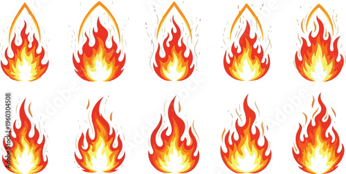 Collection of ten distinct flame icons representing fire in various stages of intensity, ideal for digital design elements