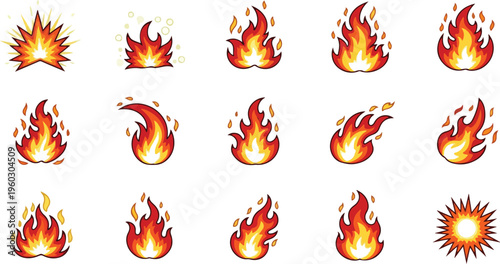 A Collection of Stylized Fire Icons Showing Different Flames, Embers, and Explosions