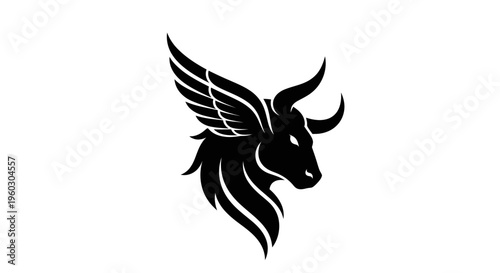 Winged bull silhouette logo, mythical creature, ancient symbol, graphic design