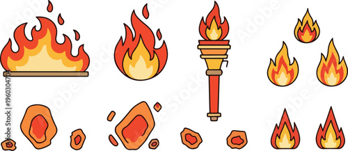 Collection of various flame and fire icons and illustrations in a clean, flat design style