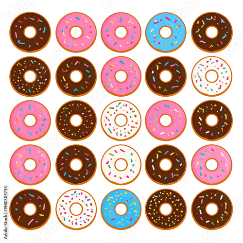 A colorful assortment of glazed donuts with vibrant icing and sprinkles arranged neatly in rows, creating a playful and tempting dessert display