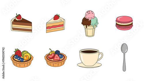 Delicious Dessert & Coffee Icons Set. Cake, Ice Cream, Macaron, Fruit Tart, Hot Drink Cup, Spoon. Sweet Treats Illustration