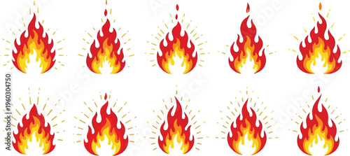 Set of fire animation frames with glowing sparks for visual effects and design elements