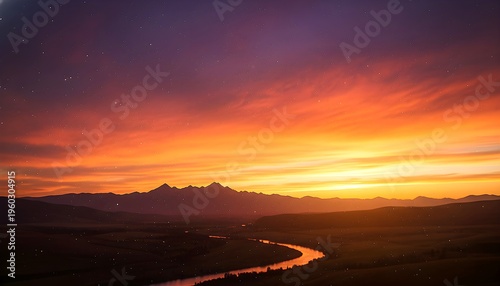 Dramatic Mountain Landscape At Sunset With Winding River Under Starry Vibrant Sky