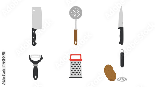 Set of Kitchen Tools and Cooking Utensils in Flat Design Style for Food Preparation with Potato