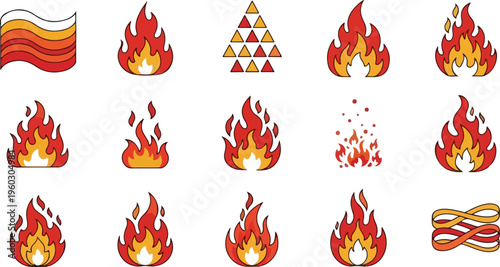 Collection of colorful flame icons and fire symbols in a vector illustration