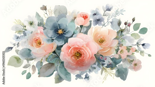 Beautiful Watercolor Floral Arrangement with Soft Pastel Roses and Blue Pansies.