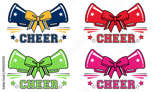 Cheerleading Megaphone and Bow Graphic Bundle, School Spirit Sport Vector Set in Multiple Colors