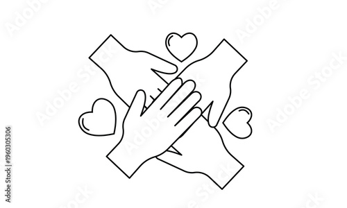 Unity teamwork hands joined together with hearts for community support cooperation and charity care. Editable stroke, Vector illustration, Line art Icon, Symbols.