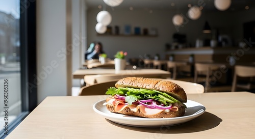 Appetizing Deli Sandwich With Turkey And Fresh Vegetables Served On A Wooden Table In A Bright Modern Cafe For Lunch