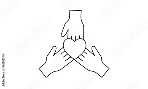 Three hands holding heart for community unity social support charity and collaborative kindness. Editable stroke, Vector illustration, Line art Icon, Symbols.