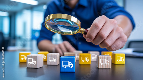Focused individual uses magnifying glass to analyze logistics delivery truck icons on colorful wooden blocks in a modern office environment