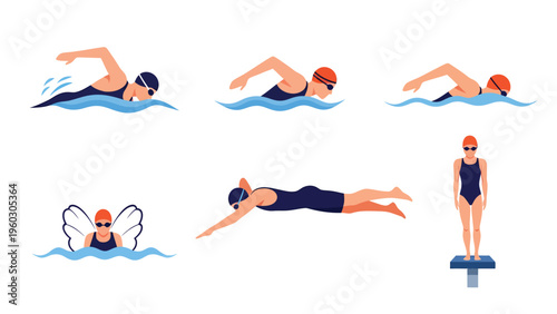 Female Swimmer Vector Illustration Set: Freestyle, Butterfly Strokes, Dive, and Starting Block Poses