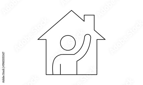 Person waving hand inside house for stay at home concept work from home and hospitality welcome. Editable stroke, Vector illustration, Line art Icon, Symbols.
