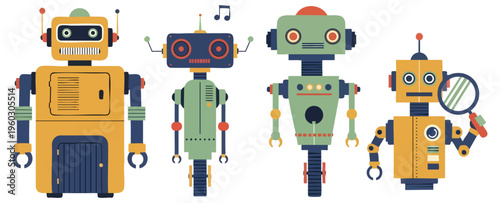 Four Retro Robot Characters Set in Colorful Vintage Flat Vector Style