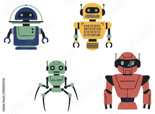 Set of Diverse Retro Robot Characters and Artificial Intelligence Droids