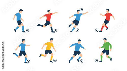 Set of diverse vector illustrations of male soccer players in various football actions like kicking, dribbling, and heading.