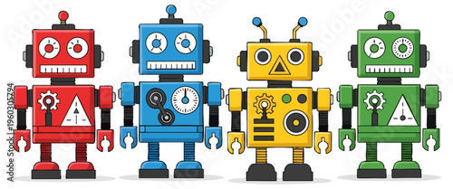 Set of Colorful Retro Vintage Style Toy Robots for Kids Design