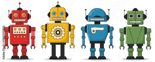 Collection of four vintage mechanical robot toys in various colors