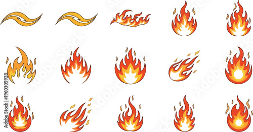 Collection of Fiery Flame Icons Symbolizing Heat, Energy, Danger, and Power