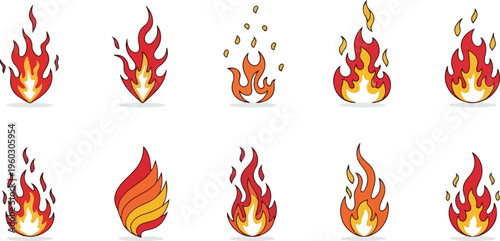 Set of Diverse Flame Icons for Fire and Heat Related Designs