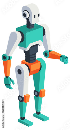 Futuristic Isometric Humanoid Robot Character Vector Illustration