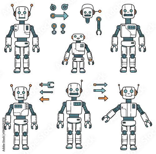 Hand Drawn Vintage Robot Collection with Assembly Parts and Icons