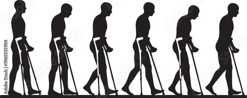 Silhouette sequence of a man walking with forearm crutches, depicting motion for physical therapy, injury recovery, and disability mobility support.