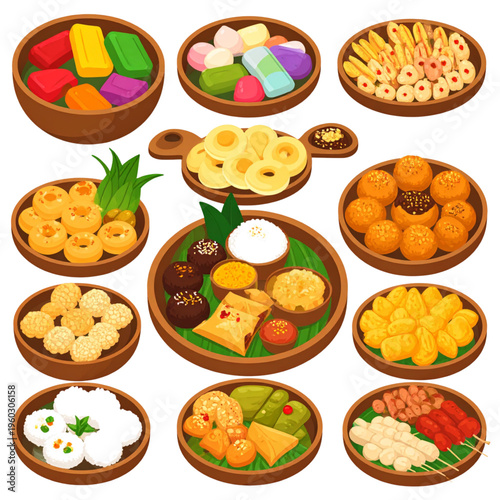 A colorful assortment of traditional snacks and sweets arranged on plates, showcasing a variety of shapes, textures, and flavors for festive enjoyment