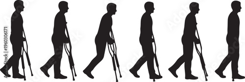 Silhouette Sequence of a Man Recovering from Injury Walking with Crutches to Full Recovery.