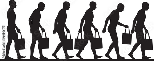 Silhouette of Men Walking with Shopping Bags, Group of People Carrying Reusable Tote Bags in a Row, Concept of Consumerism and Retail Shopping.