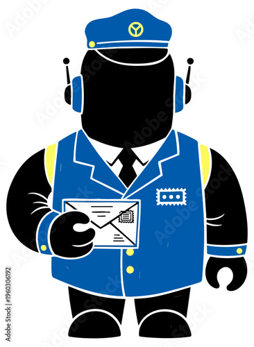 Futuristic Robot Postal Worker Character in Blue Uniform Carrying Mail