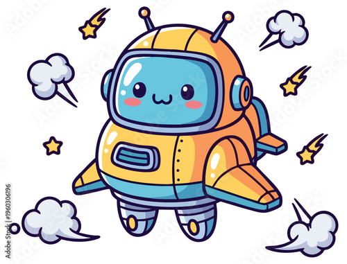 Cute Yellow Kawaii Flying Robot Astronaut Character in Outer Space