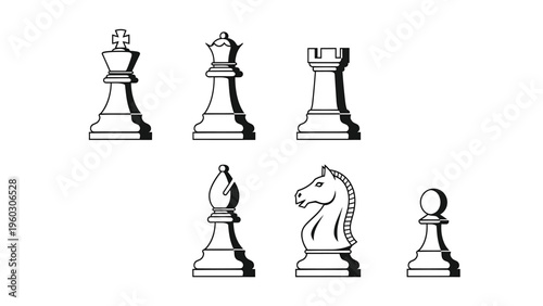 Chess Pieces Vector Outline Set. King, Queen, Rook, Bishop, Knight, Pawn. Strategy Game Icons.