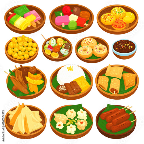 A colorful assortment of traditional snacks and sweets arranged on plates, showcasing a variety of shapes, textures, and flavors for festive enjoyment