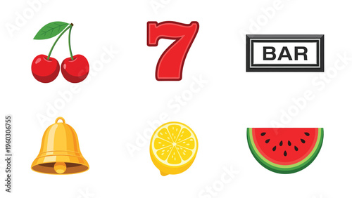Classic Slot Machine Icons Set: Fruit, Lucky Seven, BAR, and Bell Symbols for Casino & Gambling Games