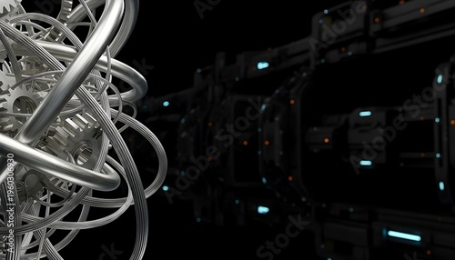 Abstract Metallic Gears And Intertwined Pipes Forming A Complex Industrial Mechanism Against A Dark Background