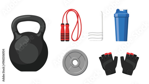 Fitness & Gym Equipment Set: Kettlebell, Jump Rope, Weight Plate, Shaker, Gloves, Towel. Workout essentials for healthy lifestyle.