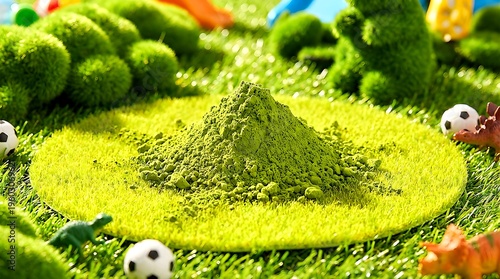 Vibrant Green Powder Piled on Artificial Grass Mat in Miniature Playful Landscape Under Bright Sunlight