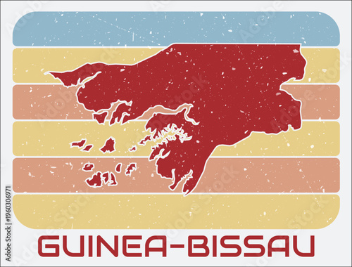 Guinea-Bissau vintage logo. Shape of the country on retro colored stripes background. Guinea-Bissau map design with grunge scratch texture. Vector illustration.