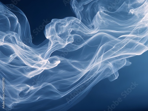 Abstract wisps of smoke swirling and blending in soft white and blue hues against deep navy background creating an ethereal visual effect