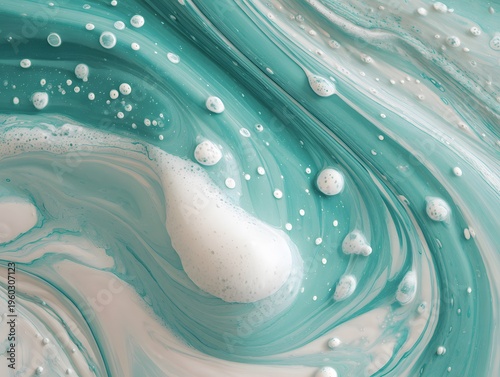 Abstract fluid swirl and bubbles with flowing liquid textures in vibrant green and white colors for creative artistic backgrounds