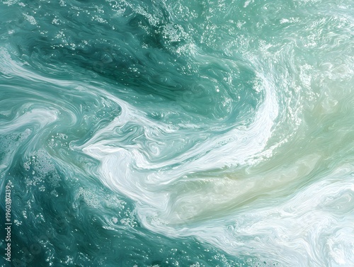 Abstract swirling ocean water with turquoise and white hues showcasing natural waves and marine fluid movement for background use
