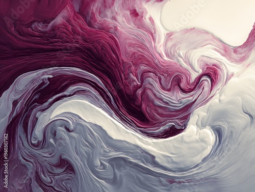 Abstract fluid art painting with swirling waves of deep purple pink and white colors and intricate marbling textures in modern style