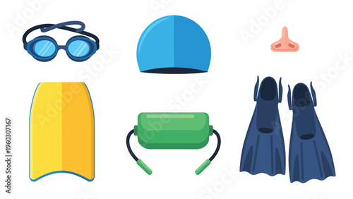 Swimming Equipment Set for Training and Water Sports. Goggles, Cap, Fins, Kickboard, Pull Buoy, Nose Clip Icons.