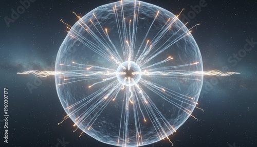 Abstract Energy Sphere Emitting Glowing Light Rays and Particle Fields Against a Starry Dark Blue Space Background