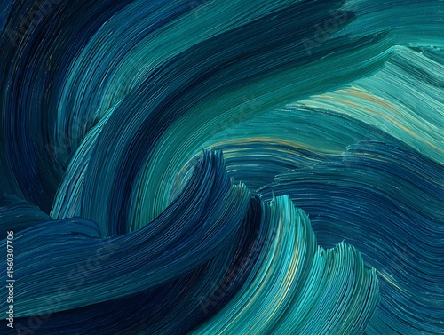 Abstract swirling ocean waves in shades of blue and teal with textured brush strokes creating a dynamic and vibrant pattern perfect for art backgrounds