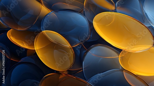 Abstract close-up of overlapping translucent blue and yellow plastic balloons with reflective surfaces creating a colorful textured pattern